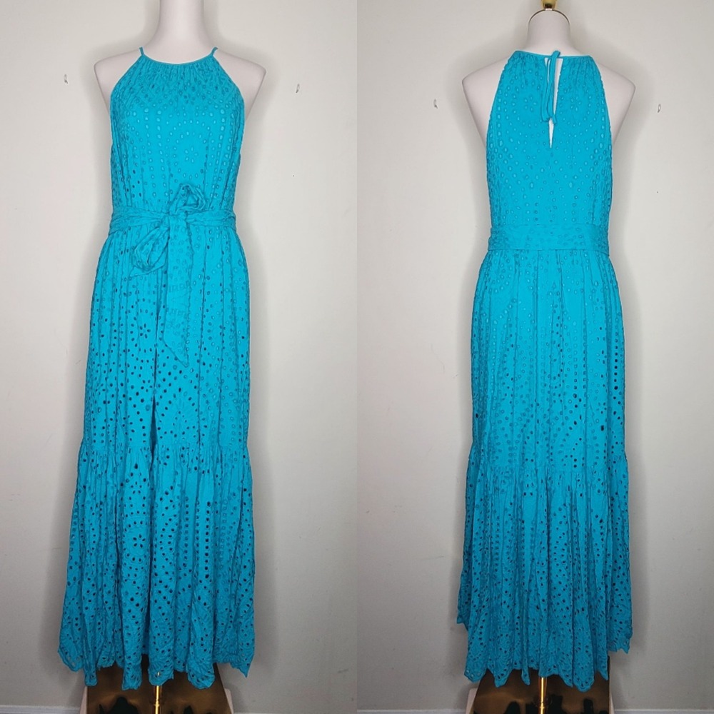 Antonio Melani Size 6 Turquoise Blue DRS River Eyelet Maxi Tropical Palms Dress‎